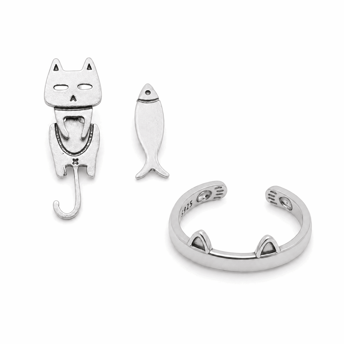 Cat Lover Set: Sleek Kitty Ring & Silver Cat Earrings Amiees