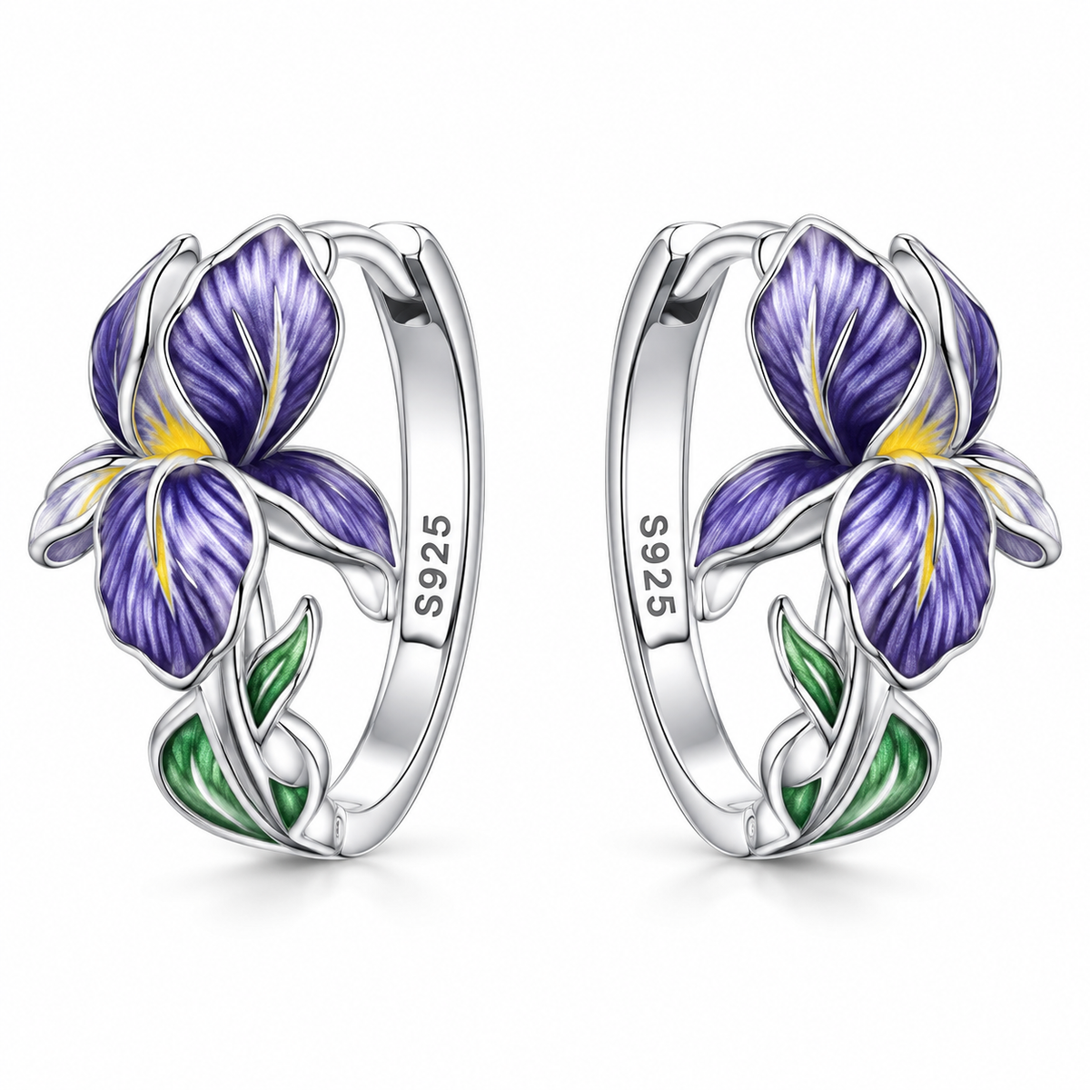 Sterling silver huggie earrings with purple iris flowers, yellow centers and green leaves
