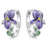 Sterling silver huggie earrings with purple iris flowers, yellow centers and green leaves