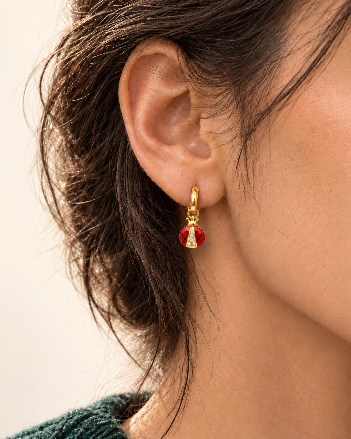 Lucky Ladybug Gold Huggie Earrings