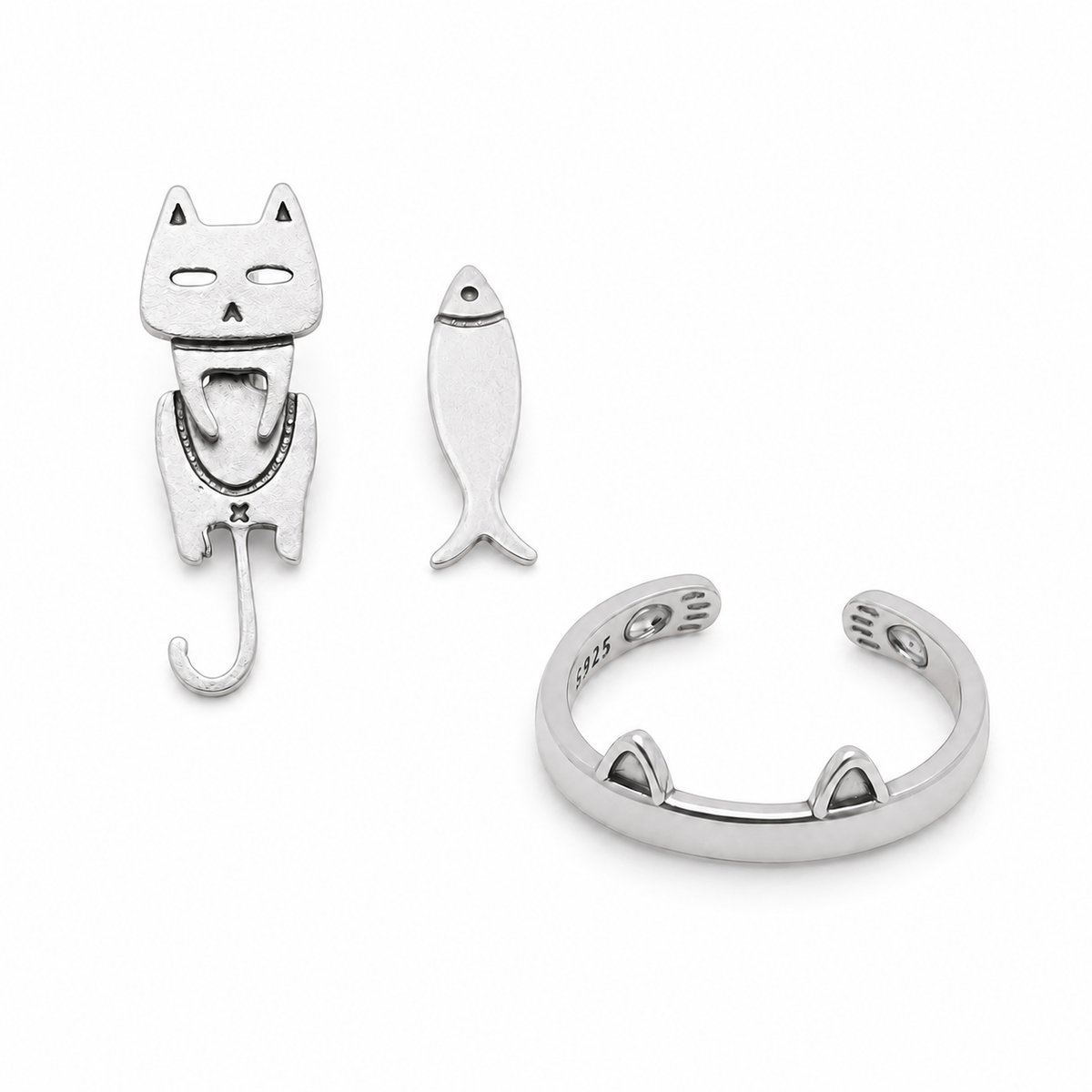 Cat Lover Set: Sleek Kitty Ring & Silver Cat Earrings Amiees
