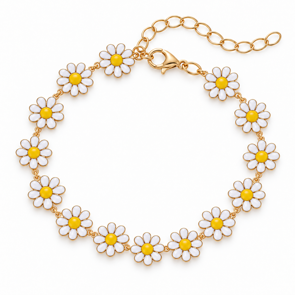 Gold-tone daisy link bracelet with white enamel petals, yellow centers and an extension chain