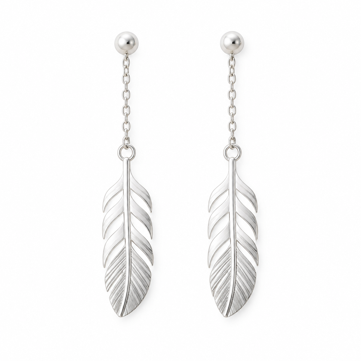 Sterling silver ball-stud earrings with fine chain links and cutout engraved feather drops