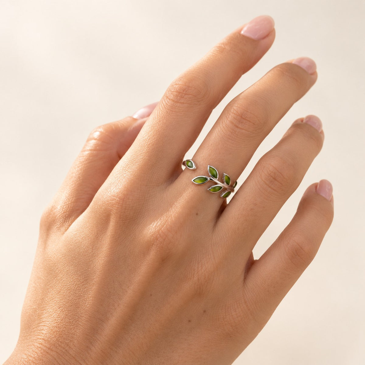 Green Leaf Silver Ring