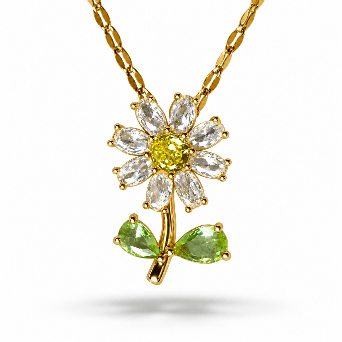Gold-plated sunflower necklace with eight clear petals, a yellow center and two light-green leaves